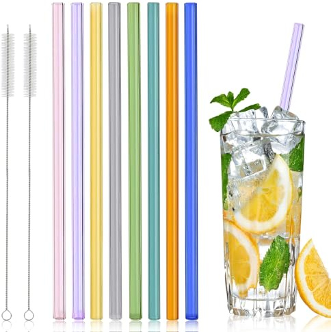 8 Pezzi Cannucce Riutilizzabili in Vetro, 20cm Colorate Cannucce Latte Resistente Calore con 2 Spazzola, Antideflagranti di Cristallo per Cocktail Succhi di Frutta