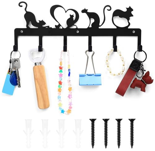QJKEJI Key Holder for Wall, Black Cat Key Hooks Wall Mounted, Keys Racks Hangers Holders with 6 Hooks for Living Room Hallway Entrance Kitchen Office Décor(Cute Cat)