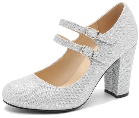 Women's Mary Jane Dress Shoes Double Strap Closed Round Toe Block High Heel Pumps, Glitter Silver, 6 UK