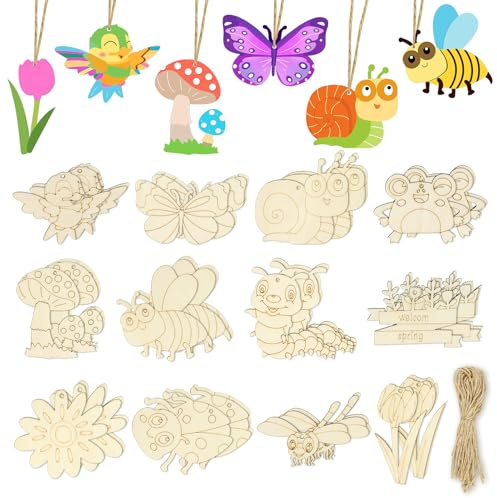 Suofuolef 36 stycken trähantverk för barn, 12 stilar träblommor, trähantverk för målning, fjäril, trollslända, snigel- och blomformer för gör-det-själv-hantverk, heminredning och pysselprojekt