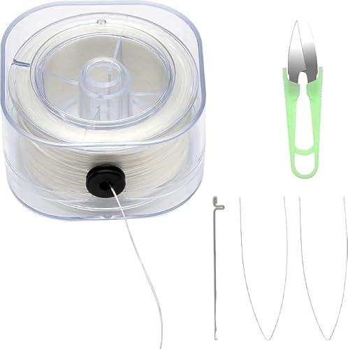 120 M Hilo Elástico Transparente 0.6MM Hilo Elastico para Pulseras Cuerda Elástica Transparente con Aguja de Perlas Gancho Aguja y Tijeras para Hacer Pulseras Collar DIY Manualidades