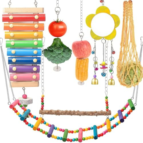 ZoraYorce Lot de 7 jouets pour poulet avec distributeur de nourriture en bois, cloche, balançoire, échelle, miroir, sac de nourriture pour poules et perroquets