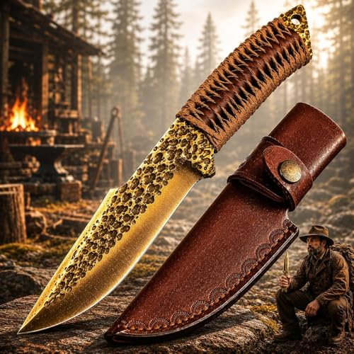 Couteau de Chasse Forgé à la Main Style Celtique – Lame Dorée en Acier 7CR17MOV avec Étui en Cuir – Couteau Fixe Robuste et Équilibré