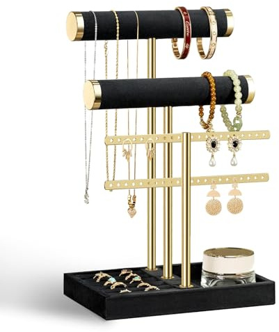 LLHONG 3 Tier Bracelet Holder Display, Jewellery Stand, Jewellery Organiser | with Metal Frame & Velvet Tray | Detachable T Bar Earring Bracelet Holder | for Studs Rings Necklace Rings