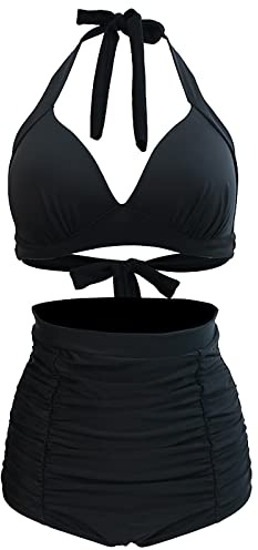Bikini Rétro Femme Taille Haute – Maillot de Bain Deux Pièces à Pois, Soutien-Gorge Nuque Réglable, Culotte Remontante Gainante