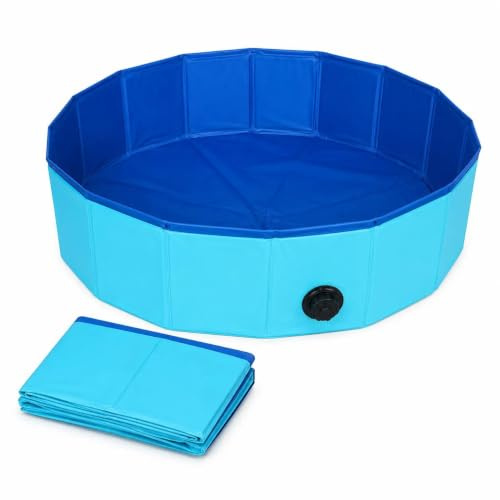 80cm Blue Foldable Dog Paddling Pool, Portable Foldable Dog Pool, Quick Setup with Drainage Hole for Small/Large Dogs and Outdoor Use at Garden, Beach, Backyard