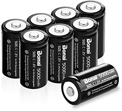 BONAI Rechargeable C Batteries 8 Pack, 5,000mAh High Capacity 1.2V Ni-MH C Cell Battery, Long-Lasting Power for Flashlights, Radios & Toys, Pre-Charged & Low Self-Discharge (Size C, 8 Count)