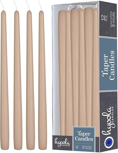 Hyoola 12 Pack Tall Taper Candles - 10 Inch Sahara Beige Dripless, Unscented Dinner Candle - Paraffin Wax with Cotton Wicks - 8 Hour Burn Time