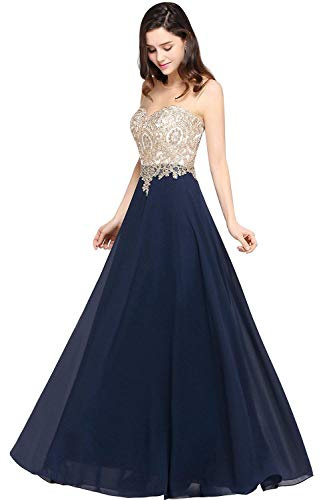 Misshow Robe de Cocktail Longue Chic avec Appliques à Fleurs Ajourée Robe Femme Longue pour Cérémonie Bleu Marine 36