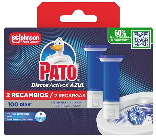 Pato Discos Activos WC Agua Azul, Colorea el Agua de Azul, Limpia, Refresca y Perfuma el Inodoro, Eficacia 360°, 2 Recambios = 12 Discos
