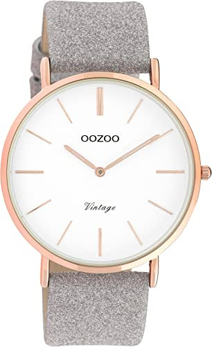 Oozoo Vintage Armbanduhr mit Glitzer Lederband 40 MM Rosegoldfarben/Weiß/Taupe C20151