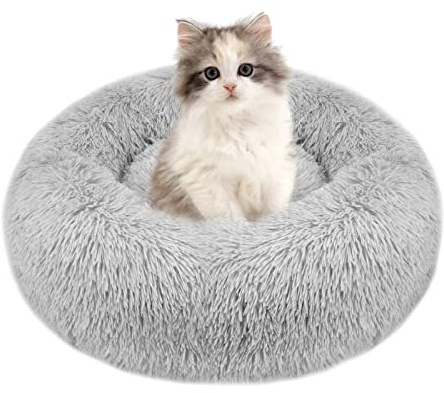 Fireowl Small Dog Bed Calming - 50*50*20cm Washable Donut Cushion, Fluffy Plush Round Cat Bed, Non-Slip Bottom - Warm and Soft Faux Fur Orthopedic Pet Cosy Anti Anxiety Beds Improved Sleep, Light Gray