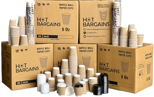 HOT BARGAINS - Kraft Triple Walled Disposable Paper Ripple Cups - 500 X 8oz/ 230ml, Hot Drink Cups + Reusable Lids