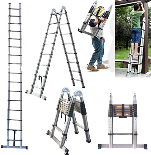 Mult-Purpose Folding Loft Ladder 5M/16.4FT, Telescopic Extension Ladders Heavy Duty Stainless Steel Portable Extendable Step Attic Ladder A-Frame/Straight Ladder, Max Load 150kg, EN131 Standard