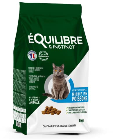 EQUILIBRE & INSTINCT - Chat Stérilisé - Croquettes Chat Poisson - Allégées en Matières Grasses - Recette Complète Formulée avec des Vétérinaires - 5kg - Fabriqué en France