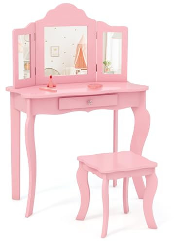 DREAMADE Schminktisch Kinder mit Hocker & Abnehmbarer Spiegel, Prinzessin Frisiertisch mit Schublade, Kinderschminktisch für Kinder Mädchen (Rosa-ohne Beleuchtung)