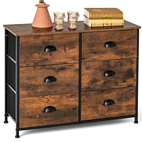 COSTWAY 5/6-Drawer Dresser, Fabric Chest of Drawers Storage Tower with Wooden Top & Front, Metal Frame Cabinet Organiser Unit for Bedroom, Living Room, Closet and Hallway (6 Drawers, Brown)