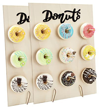 Doughnut Holder Reusable Donut Wall Stand Wooden Doughnut Board Dessert Display Stand for Wedding Birthday Party Baby Shower Sweets Tables 2 Pack (Black Letters)