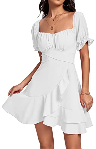 LYANER Women's Square Neck Ruffle Wrap Mini Dress Off Shoulder Flounce Short Sleeve A Line Flowy Dress Pure White Small