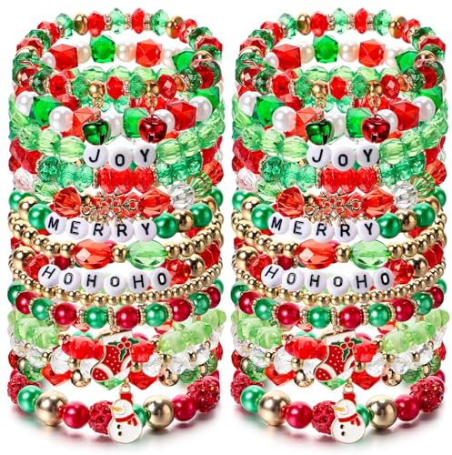 Huquary 32 Pcs Christmas Beaded Bracelets Snowflake Boots Snowman Bell Charms Rope Stretch Bracelets Bulk Holiday Jewelry Gifts for Xmas Party Festive