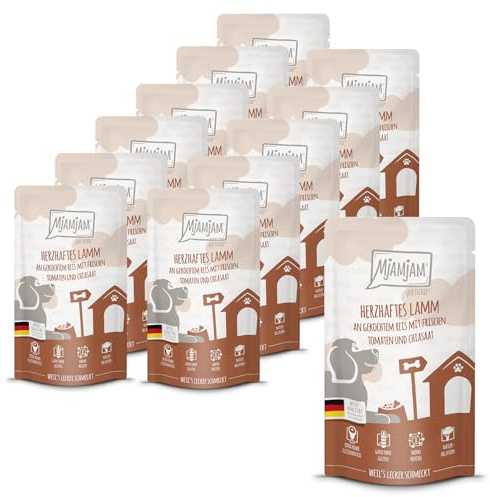 MjAMjAM - Nourriture humide premium pour chiens - Quetschie - viande d’agneau savoureuse accompagnée de riz cuit, de tomates fraîches et de graines de chia, pack de 12 (12 x 125g)