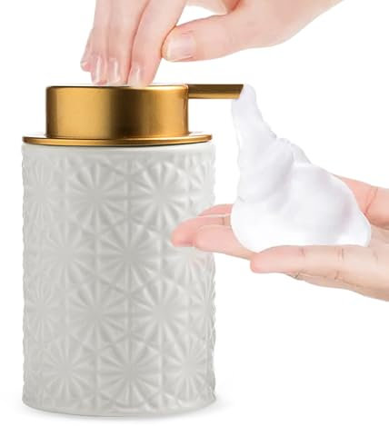 Elegant Foaming Soap Dispenser, Designed with Flower-Shaped Emboss, Ceramic Gold Hand Soap Dispenser for Bathroom (White)