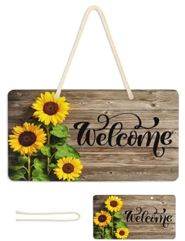 KGDUYC 1 Pcs Señal de Bienvenida, Girasol Colgante, Decorativa para Puerta de Entrada, Madera para Exteriores