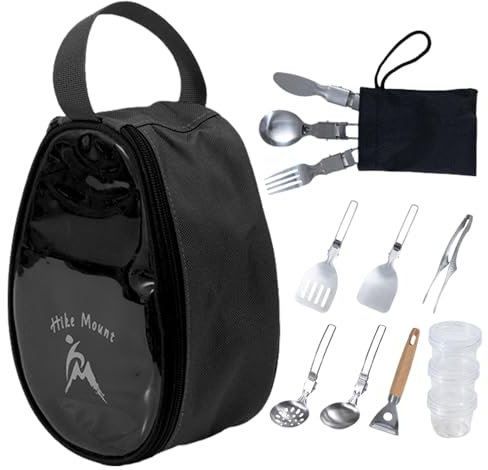 Set di utensili da campeggio, set di stoviglie da campeggio, set da 11 pezzi, utensili da cucina, set di stoviglie per barbecue, borsa organizer portatile, accessorio da campeggio per picnic ed