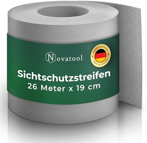 Novatool PREMIUM PP 26m Rolle Sichtschutzstreifen für Doppelstabmattenzaun Fenster Grau für 10 Reihen, 1,1 mm extra stabil UV-Beständigkeit Metallzaun Sichtschutzstreifen Zaunelemente Sichtschutz Zaun