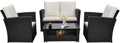 AOUXIN 4-Piece Rattan Garden Furniture Set Patio Conservatory, Black Rattan with White Cushions, Coffee Table