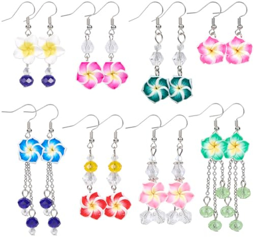SUNNYCLUE 8 paire de Boucles D'Oreilles Plumeria pour Femmes Boucles D'Oreilles Pendantes à Fleurs pour Femmes Tendance 2025 bijoux Pendants à Fleurs Tropicales Hawaïennes pour L'Été la Plage Cadeaux