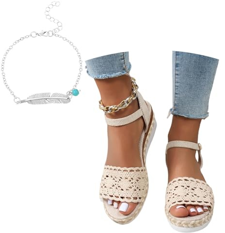 LDXEQIZ Sandales À Talons Compensés for Femmes Espadrilles À Talons Hauts avec Fleurs en Dentelle Blanche Sandals Romaines De Mariée 2025 Sandales D'été Chaussures De Soirée À Plateforme