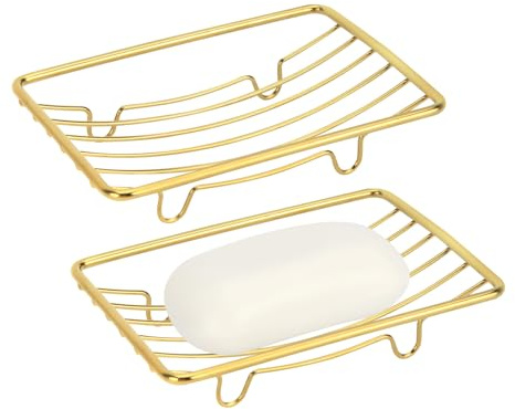 Snailhouse Soap Dishes, 2 Pack Self Draining Rustproof Stainless Steel Shower Bar Soap Dish Holder Tray Caddy Rack for Bathroom & Kitchen, Gold