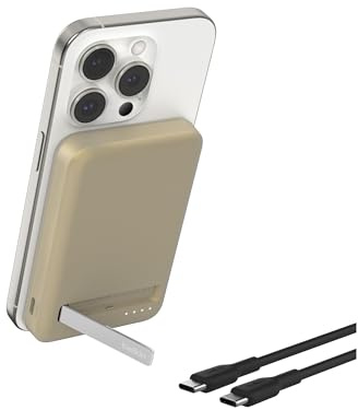Belkin BoostCharge Pro Wireless Power Bank 5000mAh with Qi2, MagSafe compatible portable charger + built-in pop-up kickstand, battery pack for iPhone 16, iPhone 15, 14, 13, 12 and more - Sand
