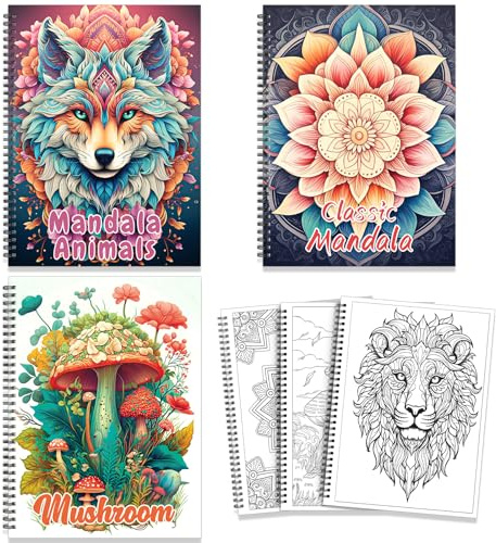 Lot de 3 livres de coloriage pour adultes pour femmes et filles - Mandala animal champignon - 69 motifs - Livre de couleur à spirale pour homme et adolescent - Soulage le stress et l'anxiété