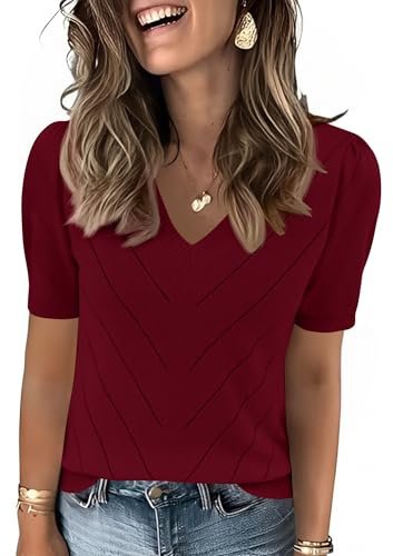 LOMON Womens Puff Short Sleeve Sweater Casual V Neck Pullover Tops Lightweight Knit Blouse Business Casual Fashion Clothes (Wine Red,L)