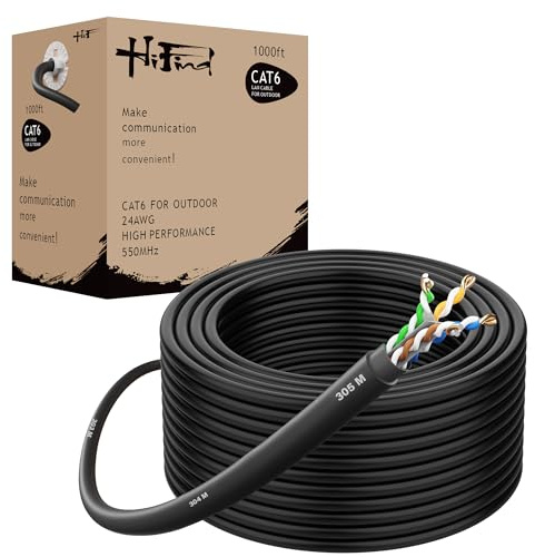HiFind CAT 6 Outdoor Ethernet Cable Bulk 1000 Ft –Easy Pull Box, UTP High-Speed Long Network Internet RJ45 LAN Patch Wire, 24AWG Solid CCA, UV LLDPE Waterproof Direct Burial for Gaming Routers PoE