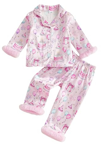 BeliBacca Kids Toddler Girl Birthday Pajamas Long Sleeve Fuzzy Trim Button Down Satin Silk Pjs Cake Balloon Print Shirt Pants Sleepwear 1-6 Years Birthday Girl Pjs Nightgowns (Pink, 5-6 Years)