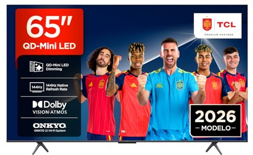 TCL 65T8D 65 Pouces QLED avec QD-Mini LED Dimming 4K HDR Ultra HD TV, Smart Google TV (Dolby Vision, HDR10+ & Atmos, 144 Hz VRR, FreeSync Premium, Son Onkyo 2.1, Game Master, Commande vocale)