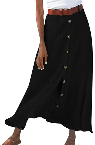 OMZIN Mujeres Button Down Flowy Cintura Alta Maxi A-Line Boho Algodón Lino Faldas