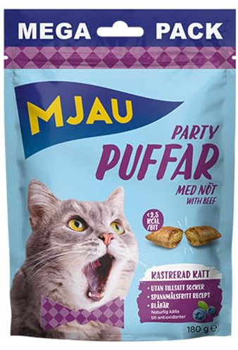 Mjau party puffers krispiga snacks för katter med nötkött Megapack 180 g - spannmålsfritt recept, utan socker, med blåbär