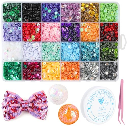 24 färger ca 24 000 stycken paljetter för pyssel, glitter lösa paljetter kopp för pyssel, 5 mm färgglada paljetter för sömnad, påklistring och trädning med låda, elastisk tråd, pincett för