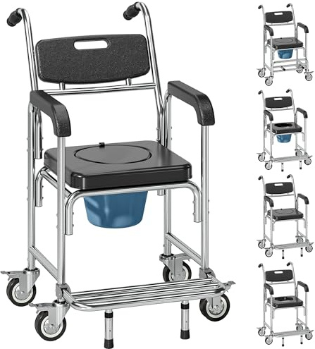 HOMCOM Silla de ducha 3 en 1 con ruedas, silla de transporte junto a la ducha, silla de ruedas impermeable con ruedas con asiento acolchado para discapacitados y ancianos, color negro