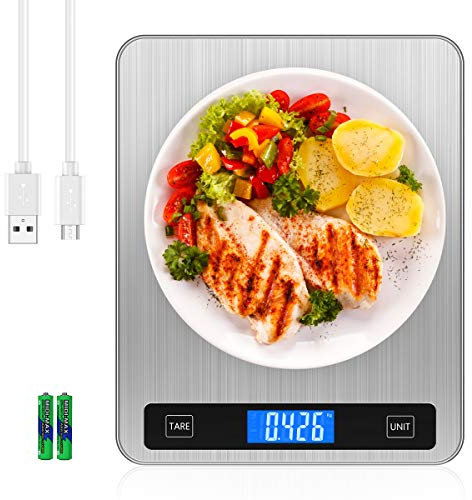 Brifit Digital Kitchen Scale, 20kg/44lb Food Scales with Large Stainless Steel Platform, USB Rechargeable Cooking Scales with LCD Screen, Electric Baking Scales with Tare Function, 5 Units