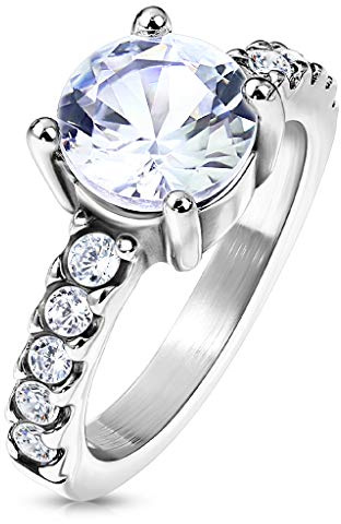 Paula & Fritz® Damring zirkonia klar 316L kirurgiskt stål storlek 49 (15,6) – 62 (19,7) silver förlovningsring partnerring vigselring solitärring damring, rostfritt stål Kirurgiskt stål Rostfritt stål, Zirkonia