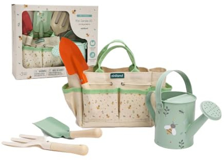 Miniland Set de Jardinage Enfant - Outils de Jardinage avec Sac, Pelle, Transplantoir, Râteau et Arrosoir, Jeu Éducatif pour Découvrir Les Plantes, Dès 3 Ans