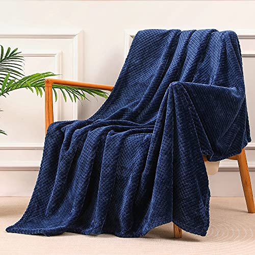Yebeda Manta Waffle 130 x 170 cm, Manta para Sofa Polar Cálida Cama de Franela Super Suave, Acogedora y Aómoda, Azul Marino