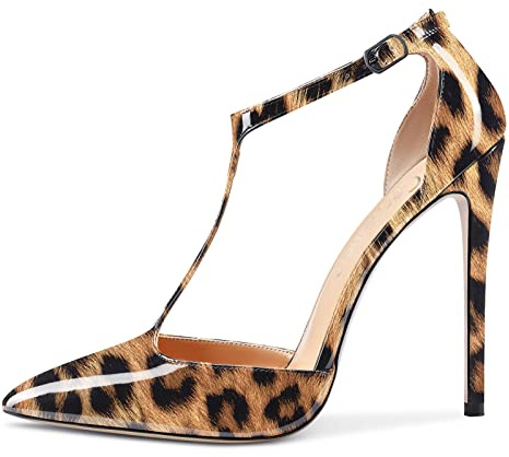 Castamere Femmes Haut High Aiguille Talon Heel Fermé Pointu Bout Escarpins T-Strap Lanières Cheville Sandales Clear Dress Mariage Chaussures Beige Léopard 38 EU