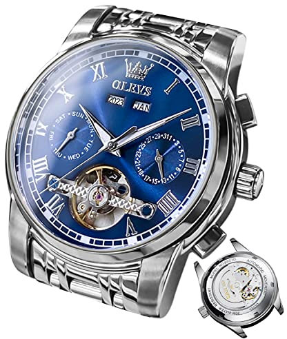 OLEVS Herrenuhren Automatik Blau Mechanische Armbanduhr mit Tourbillon Kalender Wasserdicht Leuchtende Uhren Männer
