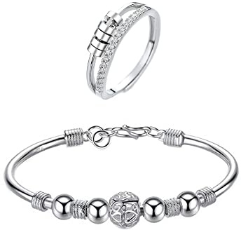 QKEPCY 2pcs Fidget Anxiety Ring Bague pour Femmes Argent et Bracelet de Perles Filantes Fidget Bague Anxiété Rotative Bague Ouverts Reglables Cristal Spinner Anneaux Anti Stress Ensemble (Type B)